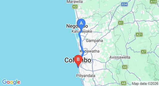 Driving route map: Colombo Airport (CMB) to Lavinia Residencies, Colombo (39 km, approx 57 min private transfer)