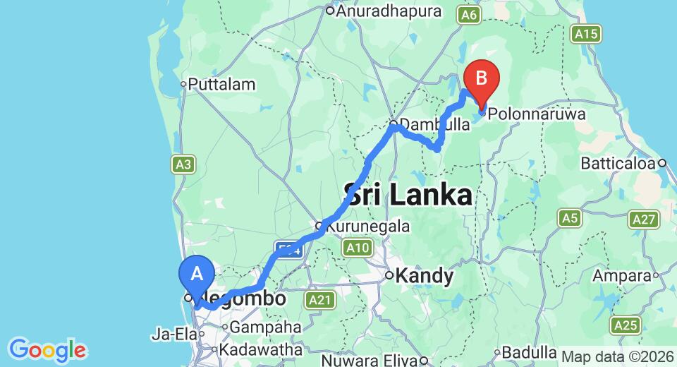 Driving route map: Colombo Airport (CMB) to The Lake, Polonnaruwa (198 km, approx 4 h 7 min private transfer)