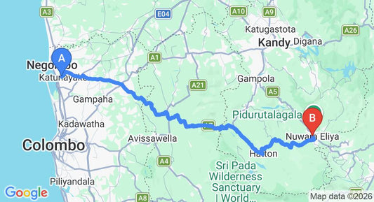 Driving route map: Colombo Airport (CMB) to Aruna Resort, Nuwara Eliya (152 km, approx 4 h 41 min private transfer)