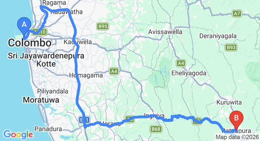 Driving route map: Colombo Seaport to Ratnapura (115 km, approx 2 h 34 min private transfer)