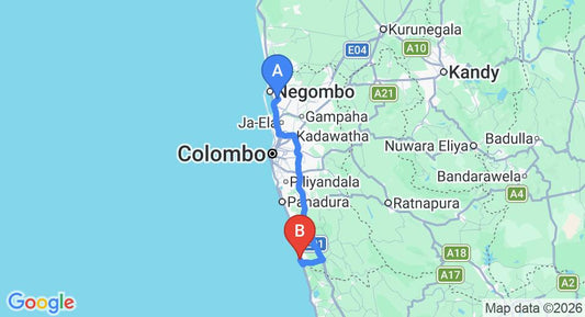 Driving route map: Colombo Airport (CMB) to Hotel Chamara, Beruwala (109 km, approx 1 h 43 min private transfer)