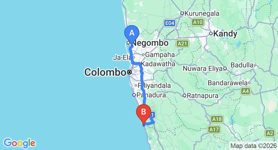 Driving route map: Colombo Airport (CMB) to Thaala Bentota Resort, Bentota (107 km, approx 1 h 40 min private transfer)