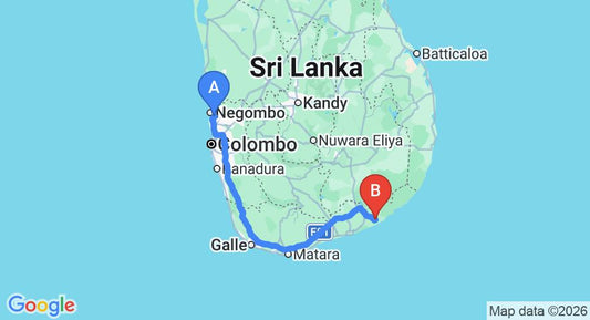 Driving route map: Colombo Airport (CMB) to Yala Heights, Tissamaharama (285 km, approx 3 h 53 min private transfer)