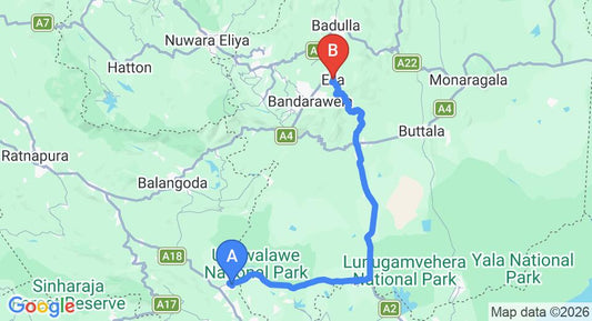 Driving route map: Udawalawe to Ella (101 km, approx 2 h 11 min private transfer)