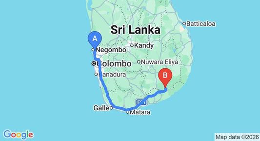 Driving route map: Colombo Airport (CMB) to Gem River Edge, Kataragama (286 km, approx 3 h 46 min private transfer)