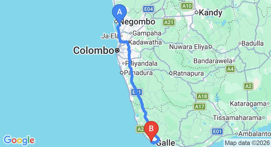 Driving route map: Colombo Airport (CMB) to Jetwing Lighthouse Club, Galle (155 km, approx 2 h 16 min private transfer)