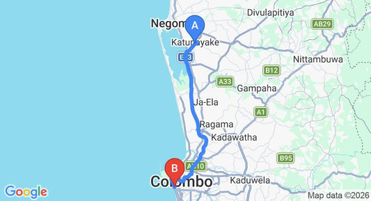 Driving route map: Colombo Airport (CMB) to Cinnamon Grand, Colombo (36 km, approx 50 min private transfer)