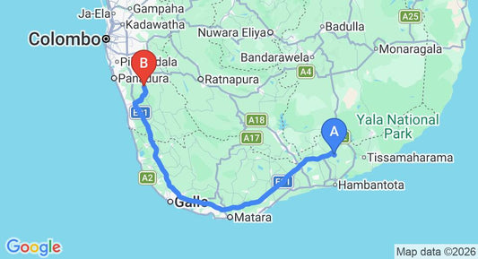 Driving route map: Mattala (HRI) Airport to Yala (191 km, approx 2 h 40 min private transfer)