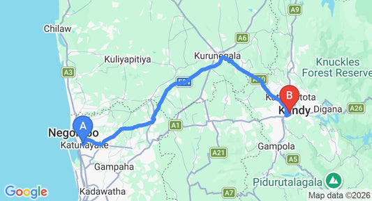 Driving route map: Colombo Airport (CMB) to Heshani Gem and Jewellery, Kandy (113 km, approx 2 h 48 min private transfer)