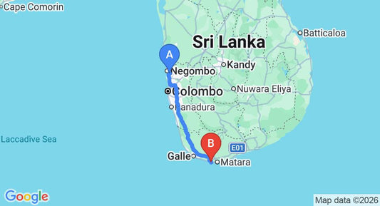 Driving route map: Colombo Airport (CMB) to Amaya Resort Mirissa, Mirissa (177 km, approx 2 h 33 min private transfer)