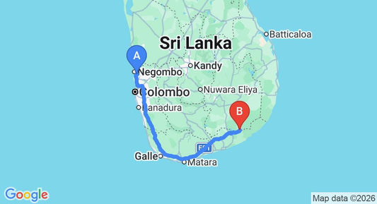 Driving route map: Colombo Airport (CMB) to Jayasinghe Holiday Resort, Kataragama (282 km, approx 3 h 43 min private transfer)