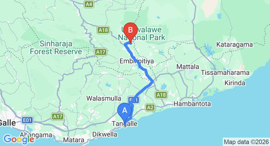 Driving route map: Tangalle to Udawalawe (61 km, approx 1 h 19 min private transfer)