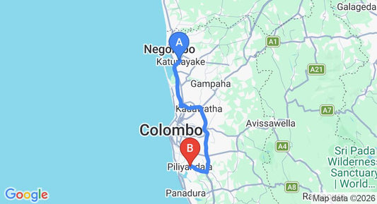 Driving route map: Colombo Airport (CMB) to Asiri Holiday Resort, Piliyandala (63 km, approx 1 h 6 min private transfer)