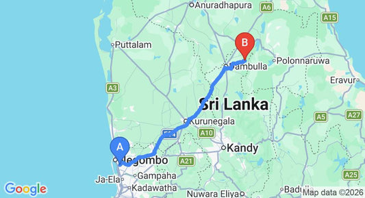 Driving route map: Colombo Airport (CMB) to Back of Beyond - Dehigaha Ela, Sigiriya (149 km, approx 3 h 24 min private transfer)