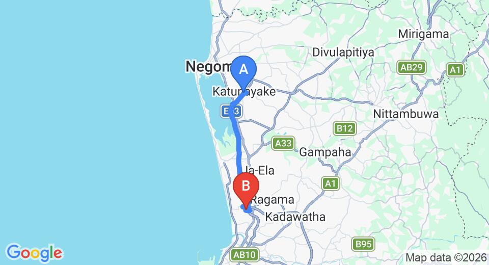 Driving route map: Colombo Airport (CMB) to Kay Jay Villa, Wattala (22 km, approx 26 min private transfer)
