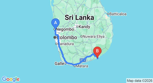 Driving route map: Colombo Airport (CMB) to Kirinda Beach Resort, Yala (291 km, approx 4 h 3 min private transfer)