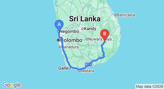Driving route map: Colombo Airport (CMB) to Asiri Guest Inn, Moneragala (346 km, approx 4 h 56 min private transfer)