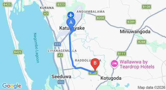 Driving route map: Colombo Airport (CMB) to Belga Boutique Hotel, Katunayake (7 km, approx 18 min private transfer)