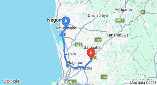 Driving route map: Colombo Airport (CMB) to Kirillawala (35 km, approx 41 min private transfer)
