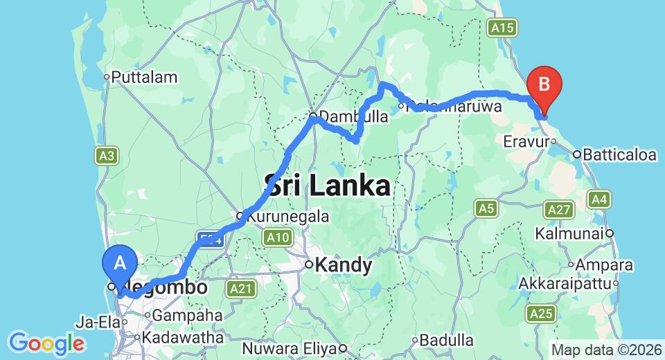 Driving route map: Colombo Airport (CMB) to Karpaha Sands, Kalkudah (269 km, approx 5 h 30 min private transfer)