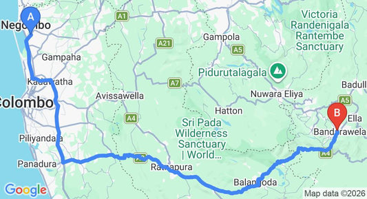 Driving route map: Colombo Airport (CMB) to 9 Arch, Bandarawela (218 km, approx 5 h 18 min private transfer)