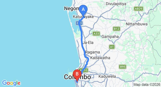 Driving route map: Colombo Airport (CMB) to Maniumpathy Hotel, Colombo (35 km, approx 48 min private transfer)