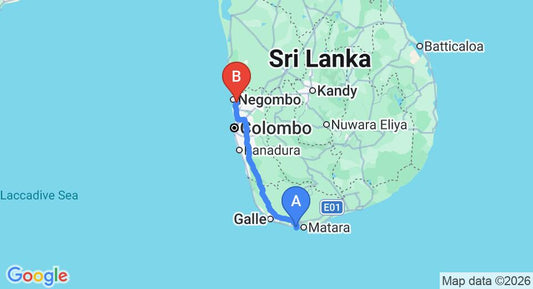 Driving route map: Mirissa to Colombo Airport (CMB) (176 km, approx 2 h 31 min private transfer)