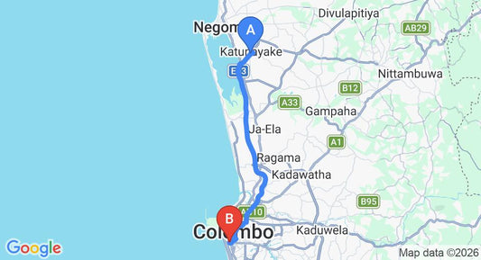 Driving route map: Colombo Airport (CMB) to Cinnamon Red, Colombo (35 km, approx 46 min private transfer)