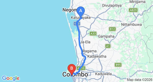 Driving route map: Colombo Airport (CMB) to Galle Face Hotel, Colombo (36 km, approx 48 min private transfer)