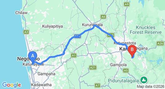Driving route map: Colombo Airport (CMB) to Bellwood Hills Resort and Spa, Kandy (130 km, approx 3 h 29 min private transfer)