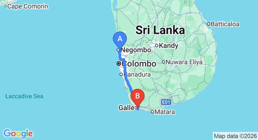 Driving route map: Colombo Airport (CMB) to Blanca Cottage, Galle (153 km, approx 2 h 12 min private transfer)