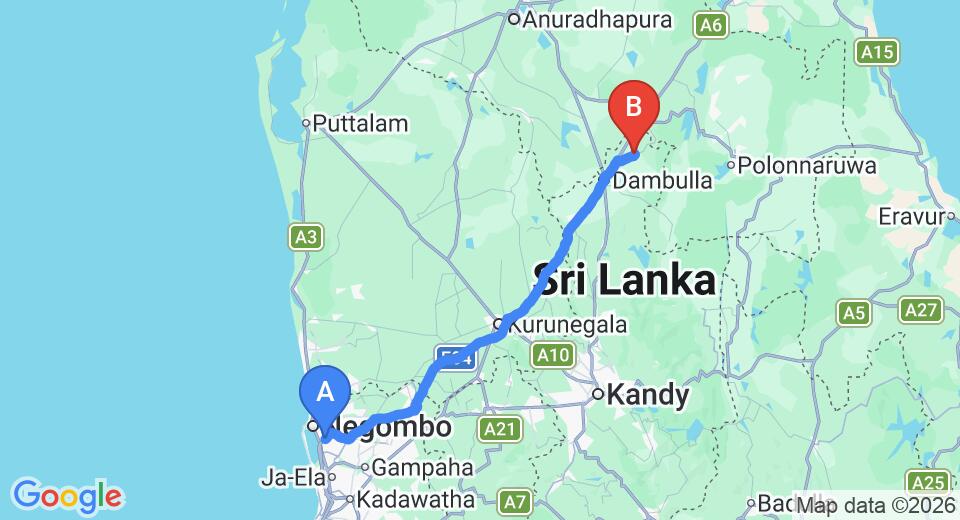 Driving route map: Colombo Airport (CMB) to Sigiri Regal Residence, Sigiriya (143 km, approx 3 h 7 min private transfer)