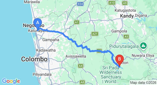 Driving route map: Colombo Airport (CMB) to Ceylon Tea Trails, Hatton (121 km, approx 3 h 59 min private transfer)