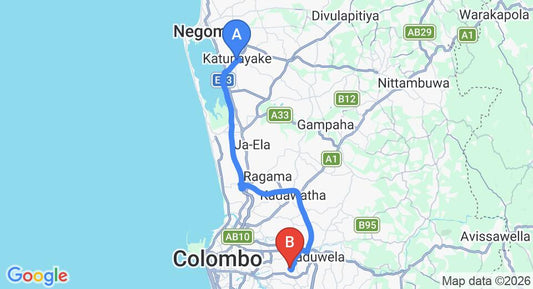 Driving route map: Colombo Airport (CMB) to Paradise Halbarawa, Colombo (43 km, approx 51 min private transfer)