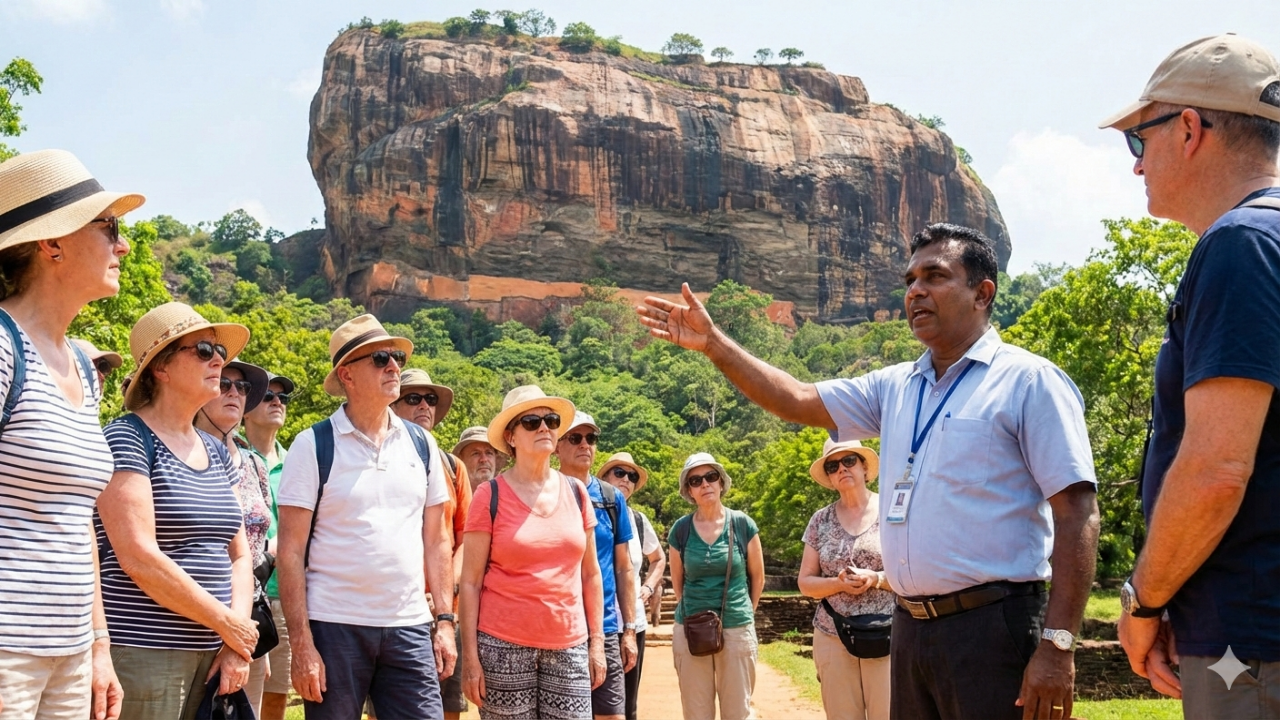 Group of tourists listening to a guide with Sigiriya Rock in the background