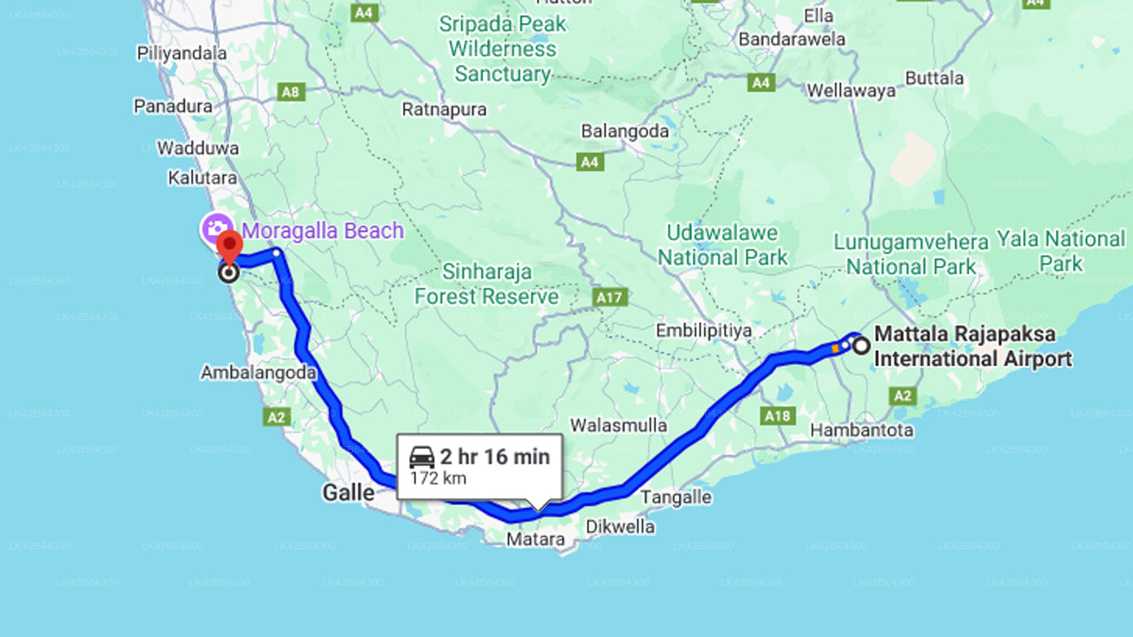 Mattala Airport (HRI) to Bentota City Private Transfer