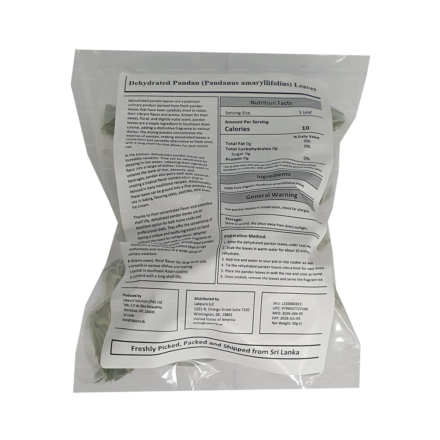Feuilles de rampe de pandan déshydratées Lakpura