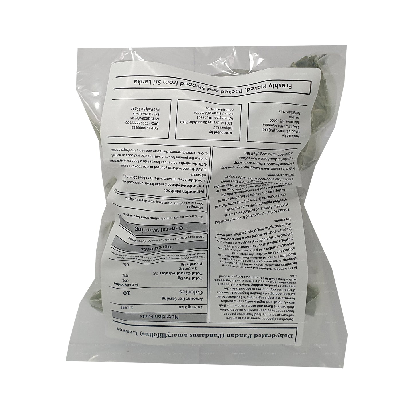 Feuilles de rampe de pandan déshydratées Lakpura