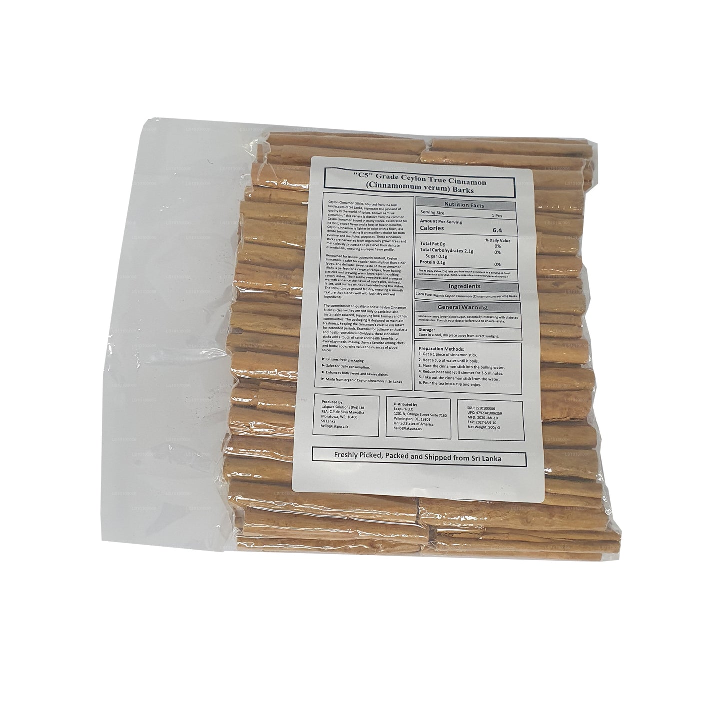 Paquet d'écorces à la cannelle véritable de Ceylan de qualité « C5 » de Lakpura