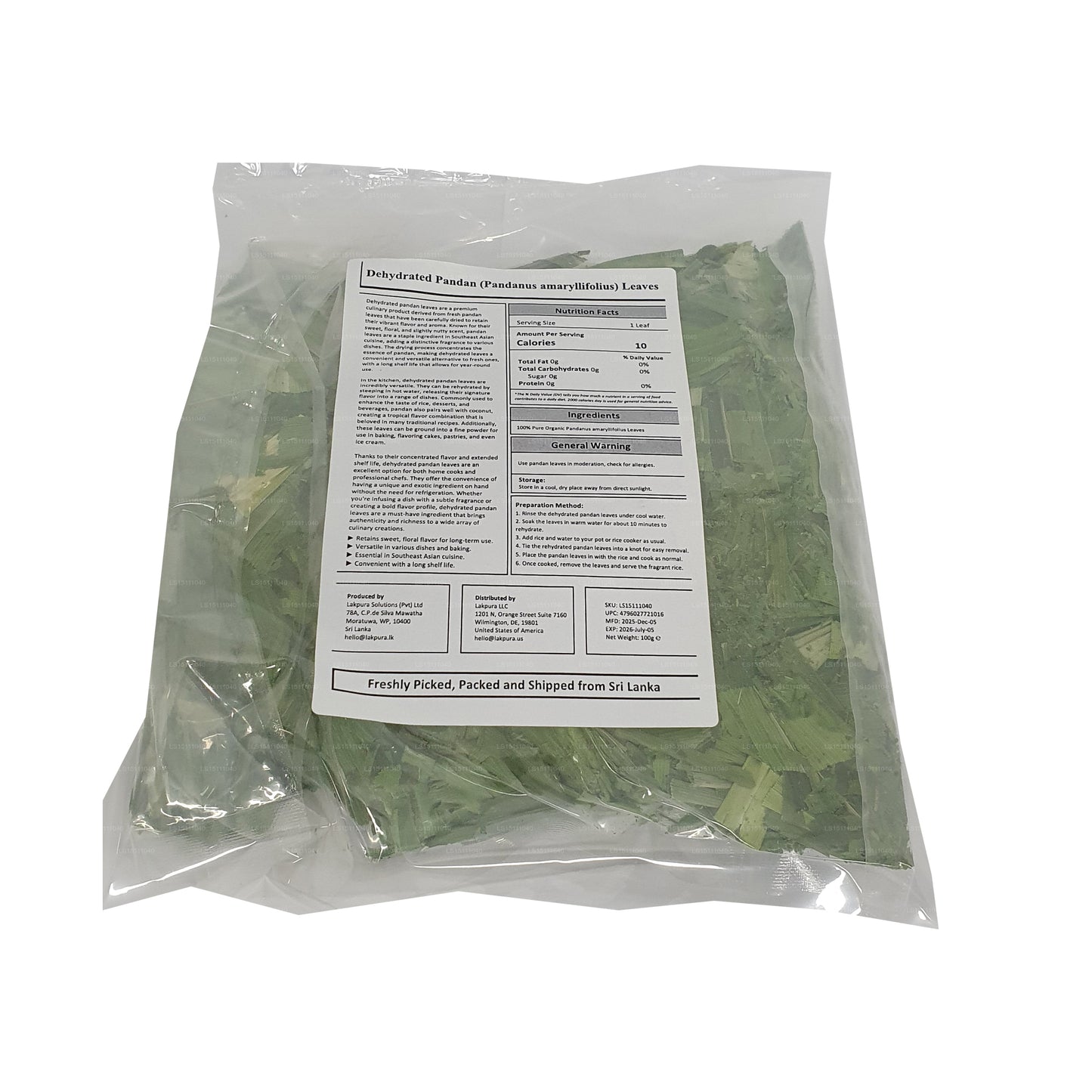 Feuilles de rampe de pandan déshydratées Lakpura