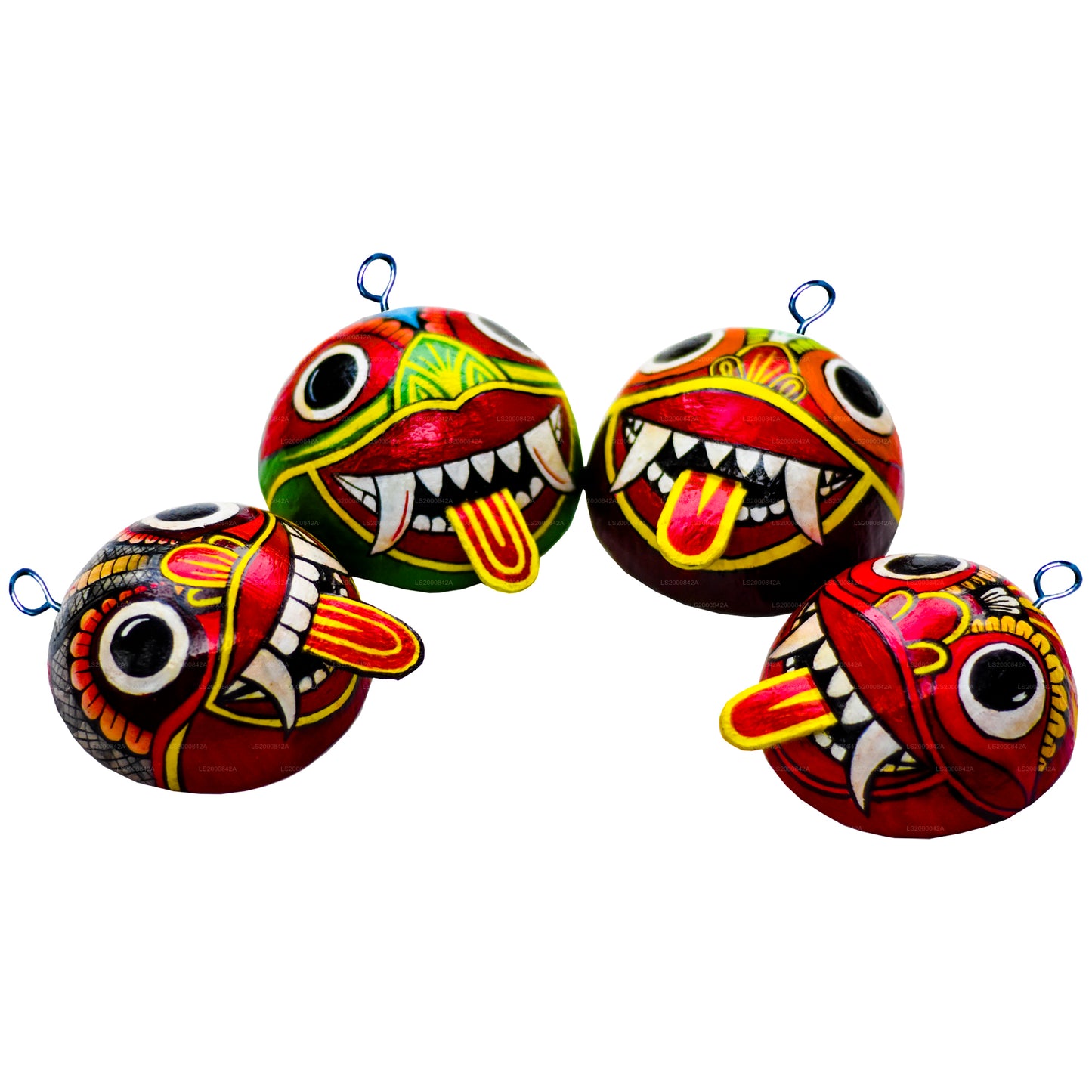 Masques raksha traditionnels du Sri Lanka (Mayura, Maru, Agni, Naga) peints sur des coquilles de noix de coco (lot de 4)