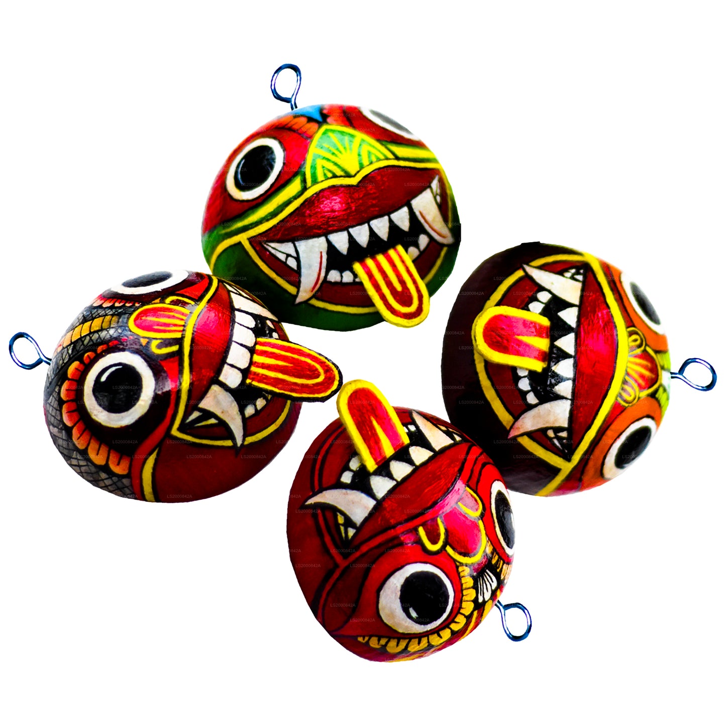 Masques raksha traditionnels du Sri Lanka (Mayura, Maru, Agni, Naga) peints sur des coquilles de noix de coco (lot de 4)