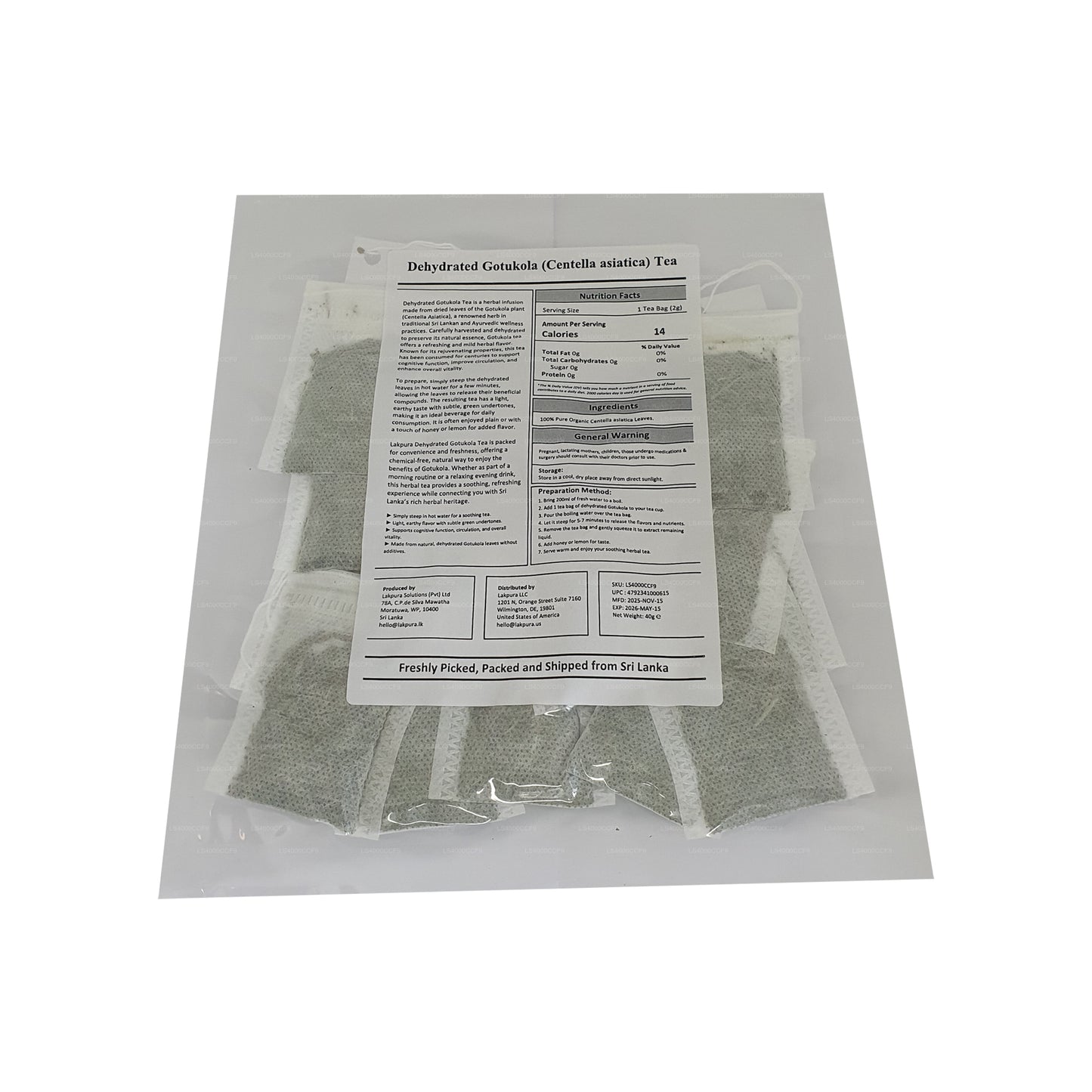 Sachets de thé Gotukola déshydratés Lakpura (40 g) 20 sachets de thé