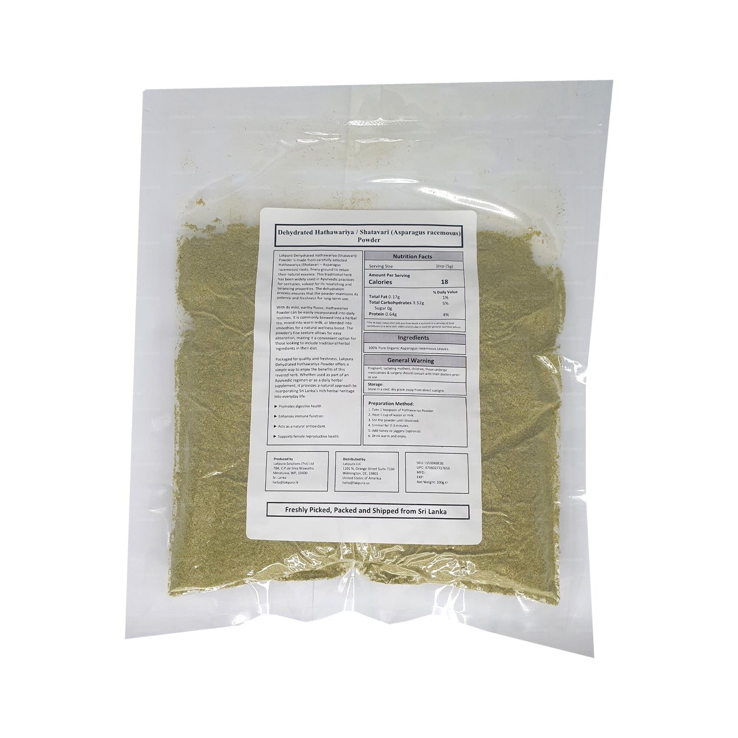 Poudre déshydratée de Hathawariya (Shatavari) Lakpura (100 g)