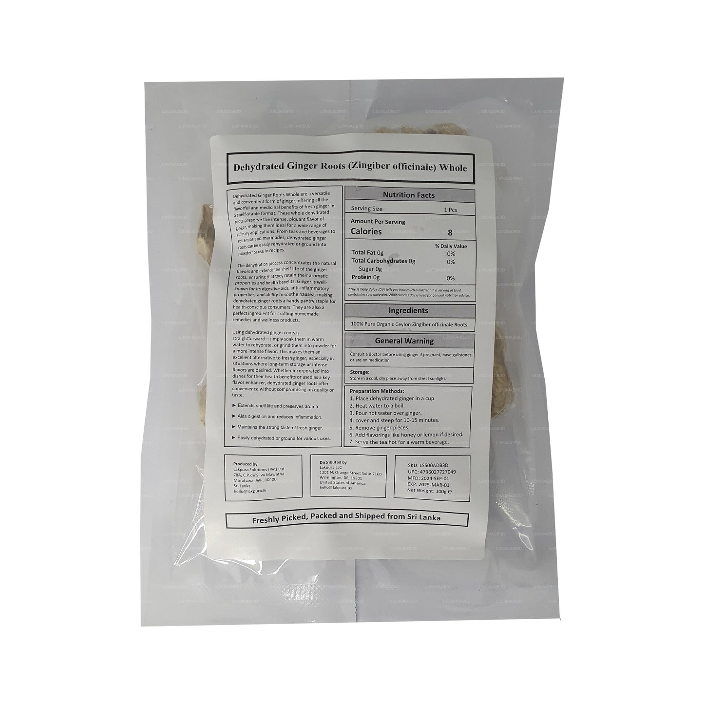 Racines de gingembre déshydratées Lakpura entières (100 g)