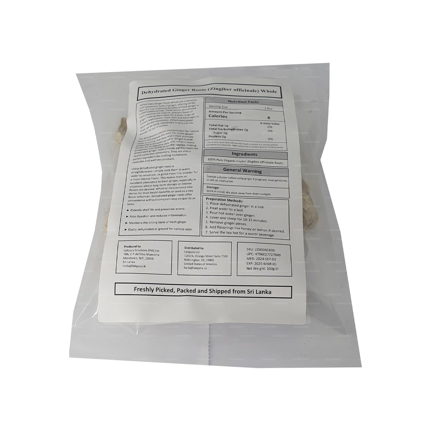 Racines de gingembre déshydratées Lakpura entières (100 g)