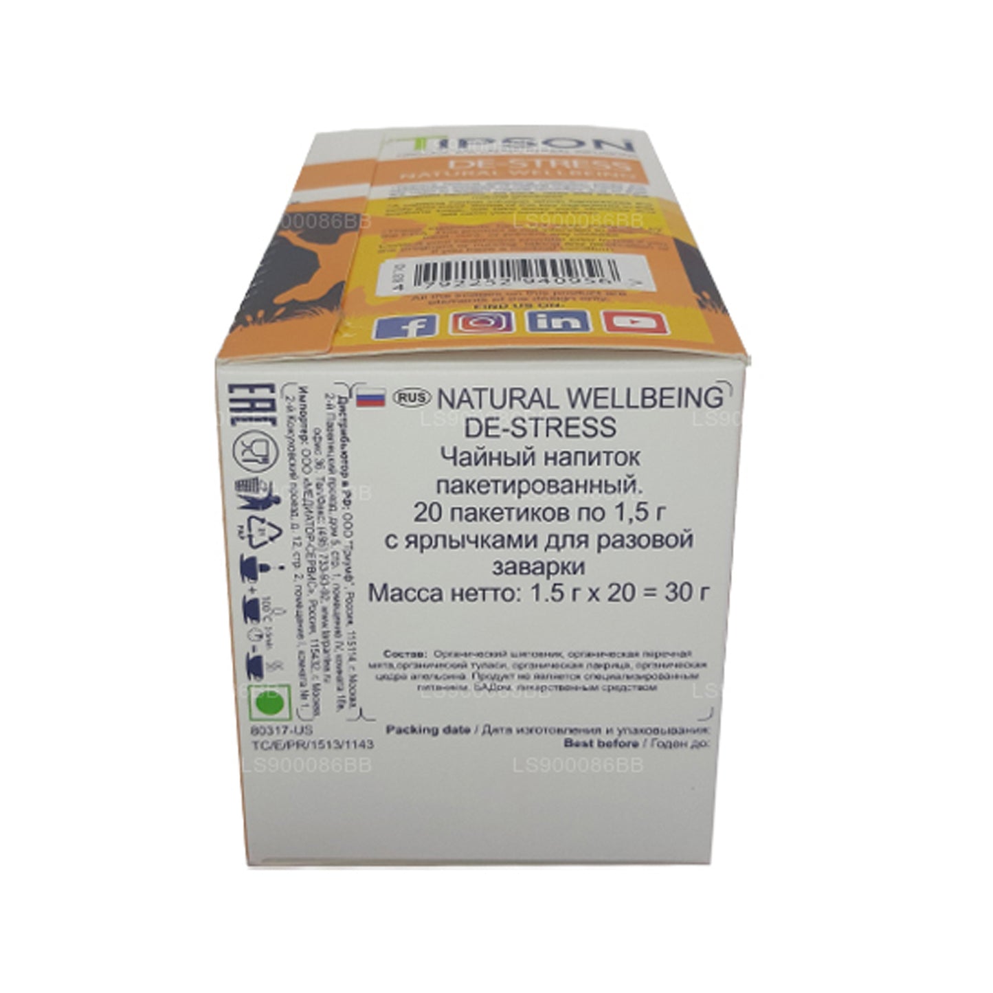 Tipson De-Stress Natural Wellbeing (30 g) 20 sachets de thé enveloppés