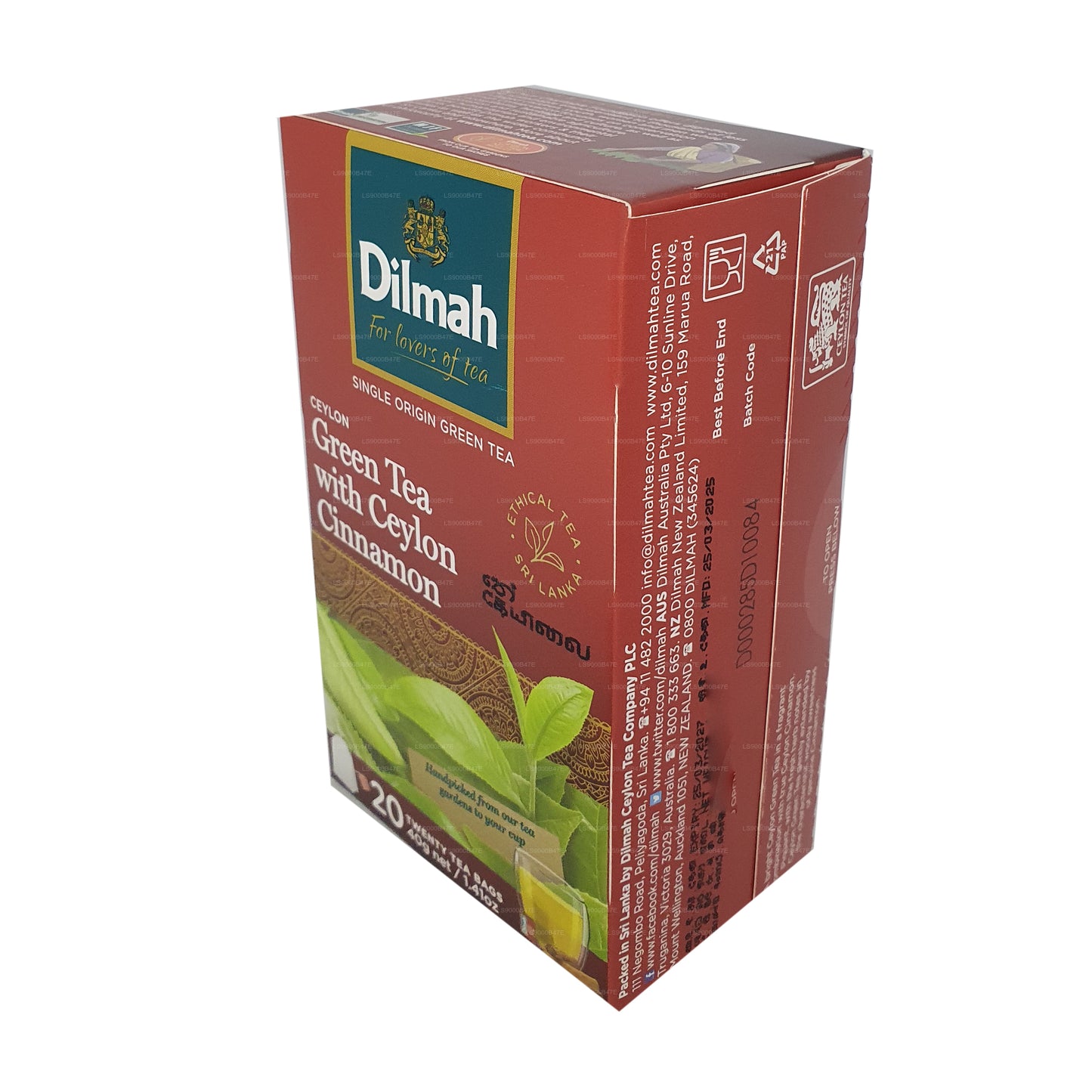 Thé vert de Ceylan Dilmah à la cannelle de Ceylan (40g) 20 sachets de thé