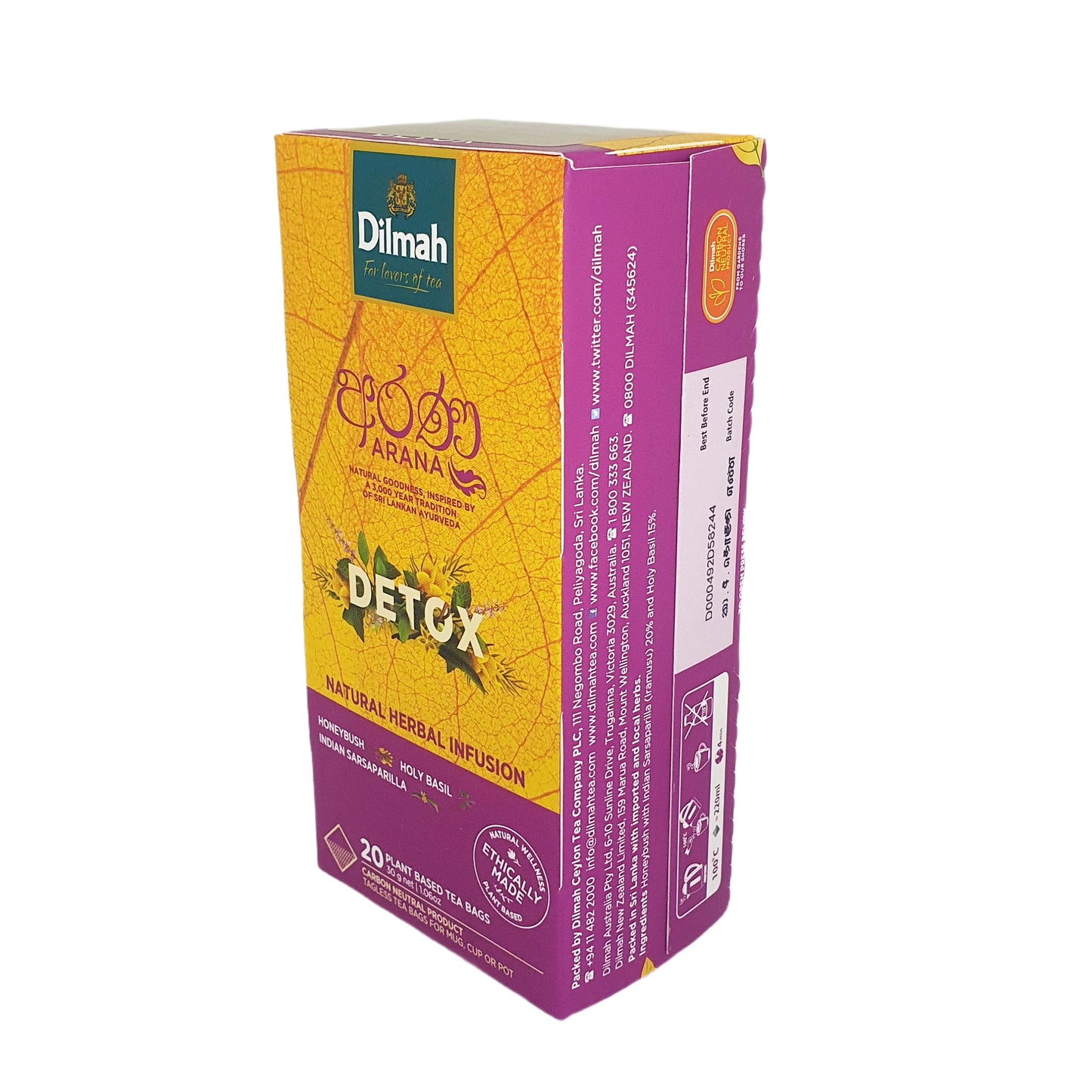 Infusion naturelle à base de plantes Dilmah Arana Detox (20 sachets de thé sans étiquette)