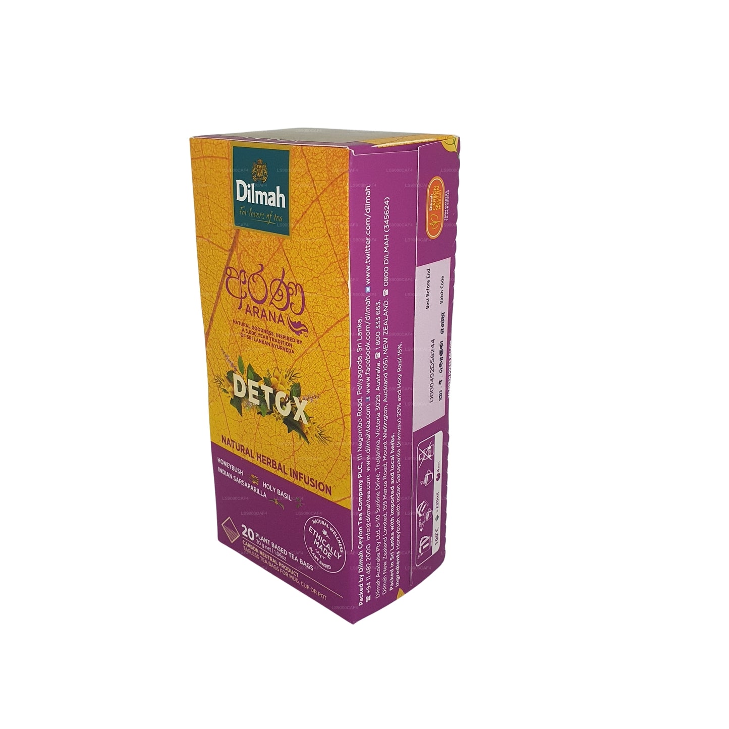 Infusion naturelle à base de plantes Dilmah Arana Detox (20 sachets de thé sans étiquette)
